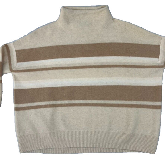 Vince Sweater Womens Small 100% Cashmere Mock Neck Cream Stripe Colorblock Boxy - Picture 4 of 11
